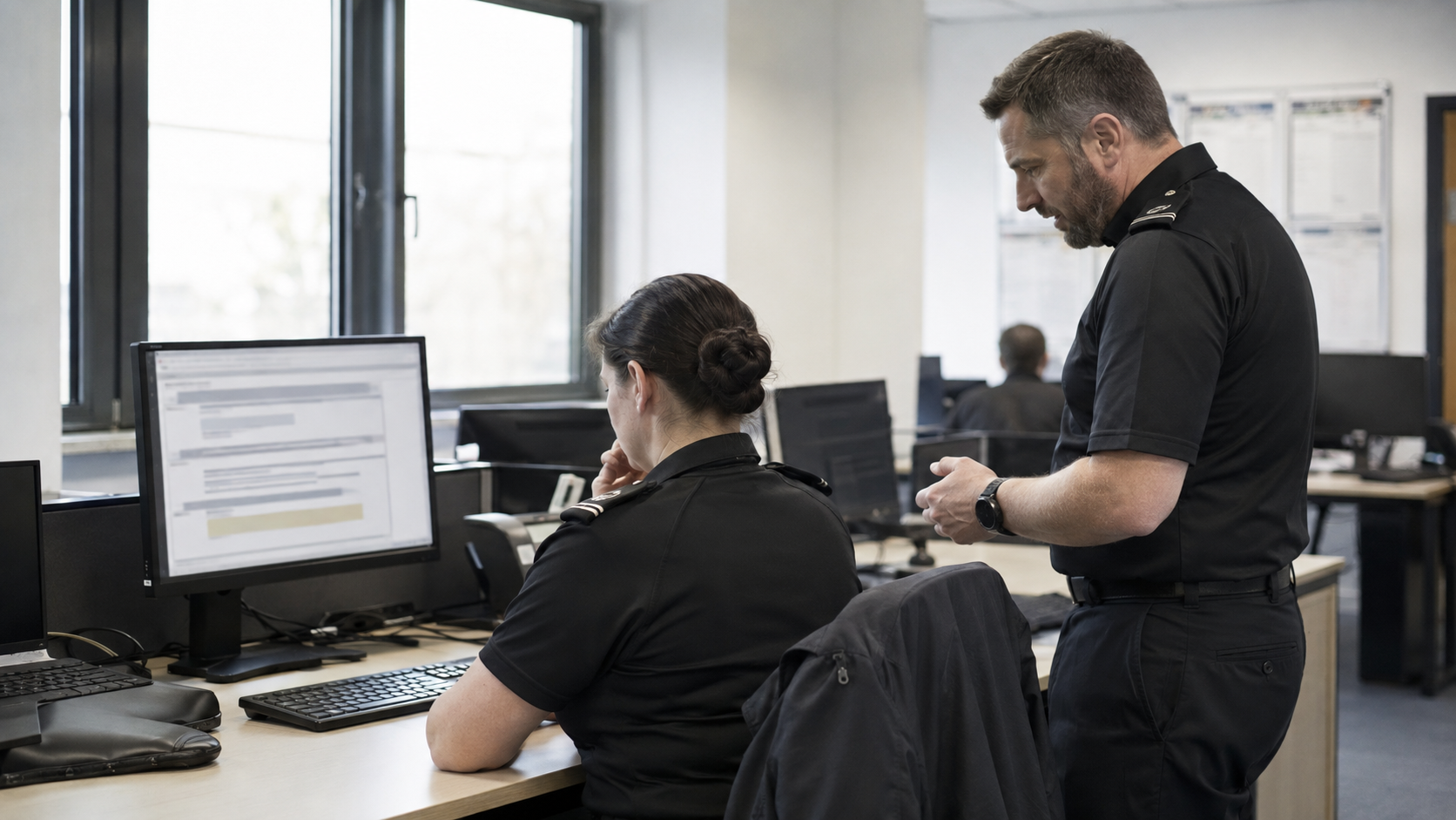 Two police personnel reviewing information at a workstation in an office.