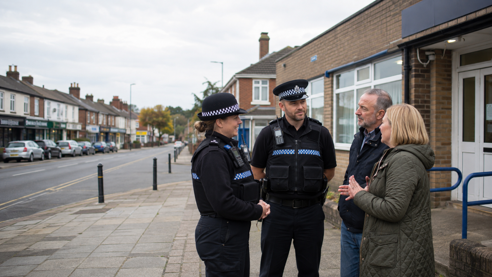 Two neighbourhood police officers speaking with residents outside a community centre on an English high street.